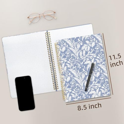 Cute Spiral Notebook journal A4 Aesthetic Pretty Design for Women Girls Kawaii with Pocket, 8.5 x 11 inch, Graph, Blue Leaves - color: Blue Leaves, style: Graph