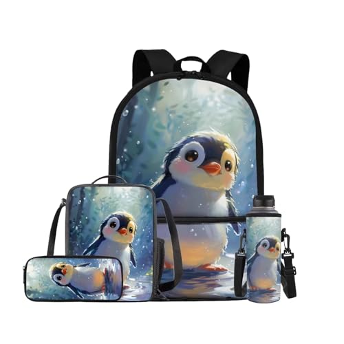 Penguin Backpack for Girls Kids Backpack with Lunch Box Water Bottle Holder with Strap and Kawaii Pencil Case 4PCS Set Cute Bookbag with Front Pocket 17 inch Large Capacity School Bag for Boys - color: Cute Penguin