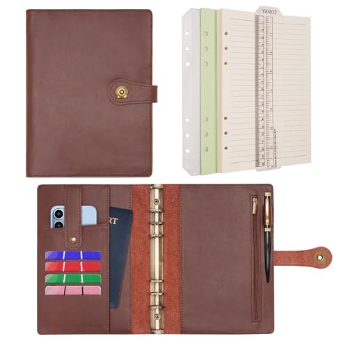 Wonderpool A5 Binder Journal Leather Spiral Notebook Refillable College Ruled Paper, Budget Binder Rings Diary Organizer with Pen for Office School Travel Business Planning Writing (Coffee,A5) - color: Coffee, size: A5