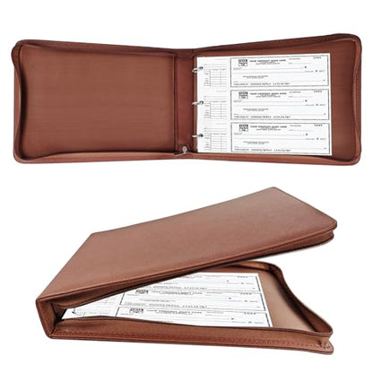 LLi Cufite 3 Rings Check Binder for End-Stub Deskbook Checks, Zipper Business Check Binder, 3 on a Page, Fit 3 & 9 Holes Check Faux Leather (Brown) - color: Brown