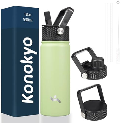 Konokyo 18 oz Insulated Stainless Steel Water Bottle with Straw Lid - color: Macaron Green, size: 18 Ounces