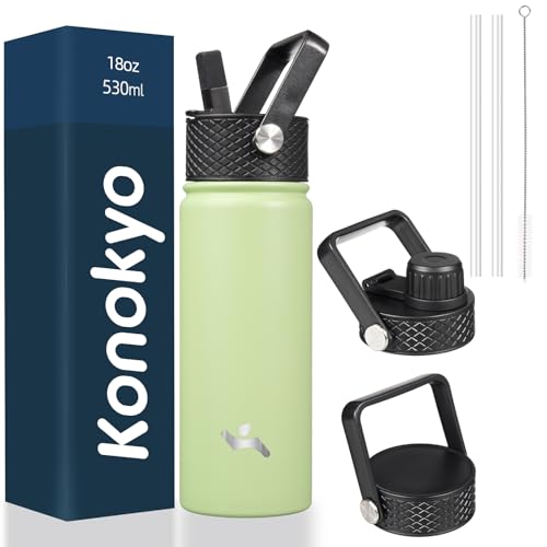 Konokyo 18 oz Insulated Stainless Steel Water Bottle with Straw Lid - color: Macaron Green, size: 18 Ounces