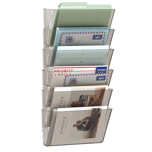 MINDEPOT 6 Pockets Acrylic Wall File Organizer, Clear Wall File Holder, Plastic Hanging Wall File Holder for Office, School and Home, Smoky - color: Smoky, size: 6Pack