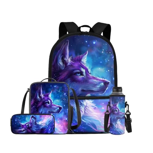 Galaxy Wolf Backpack for Girls Boys Backpack with Lunch Box Water Bottle Carrier and Pencil Pouch 4PCS Set Bookbag with Front Pocket for School 17 inch Large Capacity School Bag for Kids - color: Galaxy Wolf