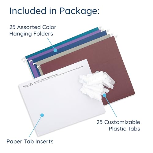 Blue Summit Supplies 25 Jewel Tone Hanging File Folders Letter Size with Tabs, Reinforced Hanging File Folders Jewel Tone, Includes Plastic Tabs and Inserts - color: Jewel Tone