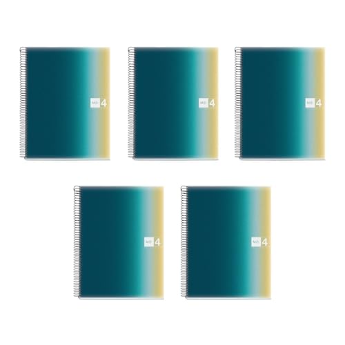 M MiquelRius Aurora Collection, Lined 4 Subject Notebooks, 5-Pack, 11" x 8.5", 120 Perforated Sheets, Colored Sections, 3 Hole Punched, Iceland Polypropylene Covers