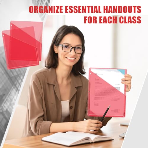 Seajan 48 Pcs Pocket Folders for 3 Ring Binder Clear Plastic Folders Sleeves with 2 Pockets 3 Hole Punch Binder Dividers Poly Slash File Jackets for Office School Document Organizer (Red) - color: Red