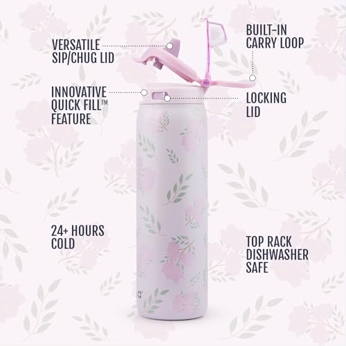 Ello Pop & Fill Insulated Stainless Steel Water Bottle with Quick Fill Lid, Leakproof Locking, Sip or Chug Spout, BPA-Free, Double Wall Vacuum Insulated for Sports, Travel & School- 22oz / 32oz / 40oz - color: Blossom Bliss, style: 32oz