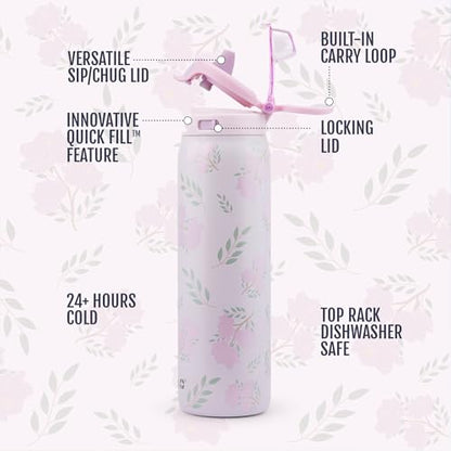 Ello Pop & Fill Insulated Stainless Steel Water Bottle with Quick Fill Lid, Leakproof Locking, Sip or Chug Spout, BPA-Free, Double Wall Vacuum Insulated for Sports, Travel & School- 22oz / 32oz / 40oz - color: Blossom Bliss, style: 22oz
