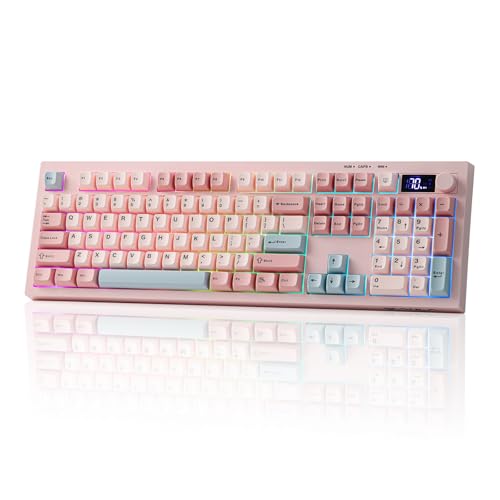 EPOMAKER Aula S102 PRO Membrane Gaming Keyboard w/TFT Screen & Volume Knob | Silent Keyboard w/ Number Pad for PC Game/Office, BT/2.4G/USB, RGB Backlit, Creamy Silicone Structure (Pink) - color: Pink
