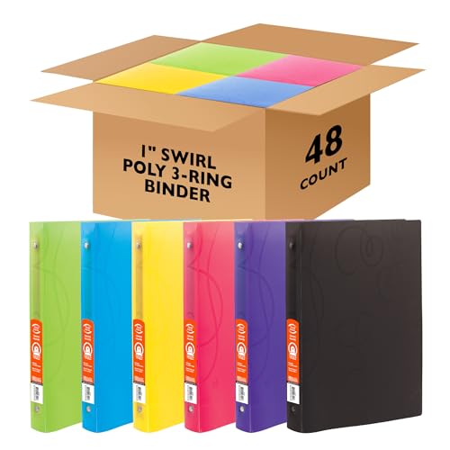 BAZIC Products 1" Swirl Poly 3-Ring Binder, 1 Pocket, 48-Case | round rings, 1 in swirl poly 3-ring binder, 1 inside pocket, holds up to 175 sheets, Durable poly - color: Swirl, size: 48-Pack