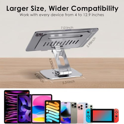 Tablet Stand, Aluminum 360° Rotating Holder Fits 4-13" Tablets | Foldable adjustable design, compatible for iPad Pro/Air/Mini, Surface Pro, Samsung Galaxy Tab, Kindle, silver