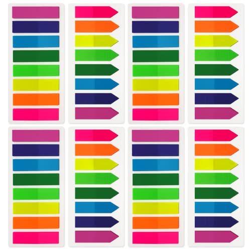 KICNIC Page Markers Colored Sticky Tabs 1600 Pcs, Translucent Arrow Flags for Page Marking, Fluorescent Index Tab Stickers for Notebooks, Small Sticky Notes Flags [8 Colors, 8 Sets]