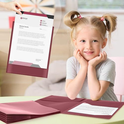 Henoyso 24 Pack Take Home Folders with 2 Pockets and Tabs, Plastic Classroom Communication Homework Folder School-to-Home with Clear Front Pocket for Students Parent Teacher Connector (Burgundy) - color: Burgundy