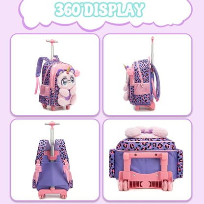 Meetbelify Rolling Backpack for Girls Backpack with Wheels for Elementary Student Kids School Bag with Lunch Box Pencil Case for Girls Ages 6-8 Years Old - color: Purple