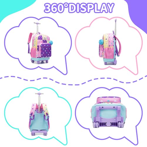 Rolling Backpack for Girls,Backpack with Wheels for Kids 8–12,Lightweight Wheeled School Backpack with Lunch Box,Cute Bookbag for Elementary and Middle School - color: Pink Dot