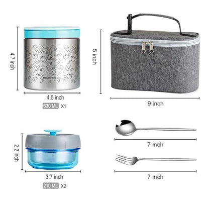 Lille Home Portable Insulated Lunch Box Set with Stainless Steel Cutlery, vacuum lunch box, to Keep Food Warm or Cool, Two Containers for Fruits and Sauces, Durable and Leak-Proof(Blue) - color: Blue