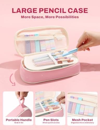 SUNEE 35PCS Aesthetic Stationery Set with Cute Pencil Case, Pastel Highlighters, Black Gel Pens, Mechanical Pencils & Refills, College School Supplies for Students Girls Pink - color: Pink, style: 35 Pack