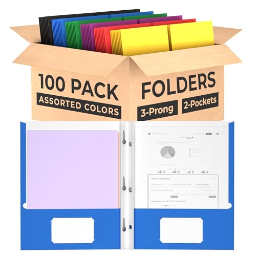 Folders with Pockets and Prongs (100 Pack) 2 Pocket Folders with 3 Prongs for School Paper Folders with Pockets - style: 100