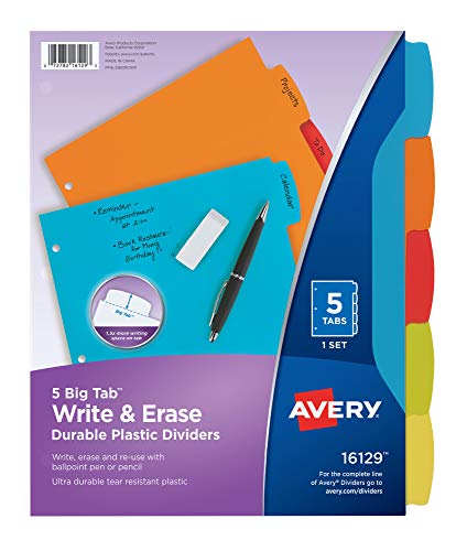 Avery Big Tab Write & Erase Durable Plastic Dividers for 3 Ring Binders, 5-Tab Set, Bright Multicolor, 1 Set (16129) - size: 5 Tab, style: 1 Set