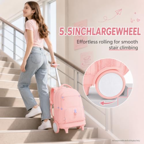 CCJPX 3Pcs Women & Girls Rolling Backpack with Bigger Wheels, Extra-Large Wheeled Bookbag with Lunch Box, Water Resistant Extra-Large Roller Luggage for Travel, Work, College (Pink) - color: Pink(upgrade Large Wheel)