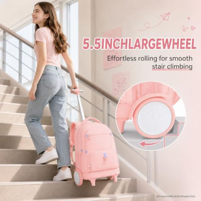 CCJPX 3Pcs Women & Girls Rolling Backpack with Bigger Wheels, Extra-Large Wheeled Bookbag with Lunch Box, Water Resistant Extra-Large Roller Luggage for Travel, Work, College (Pink) - color: Pink(upgrade Large Wheel)