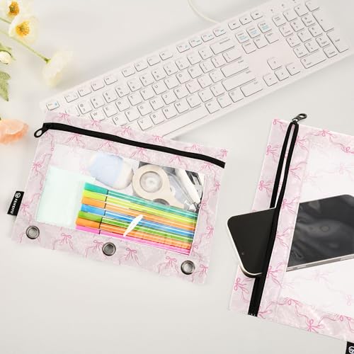 Wamika Bowknot Pink Binder Pouches 3 Ring for Boys Girls School Office College Supplies Cute Bow Ribbon Tie Pencil Pouches Case Bag with Clear Window and Zipper 2 pack - color: Pink bow