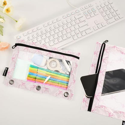 Wamika Bowknot Pink Binder Pouches 3 Ring for Boys Girls School Office College Supplies Cute Bow Ribbon Tie Pencil Pouches Case Bag with Clear Window and Zipper 2 pack - color: Pink bow