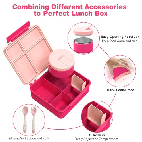 Kids Bento Lunch Box with 8oz Soup Thermo, Water Bottle, Leakproof Lunch Food Containers with 4 Compartment, Kids Insulated Hot Food Jar with Lunch Bag for School(Pink) - color: Pink