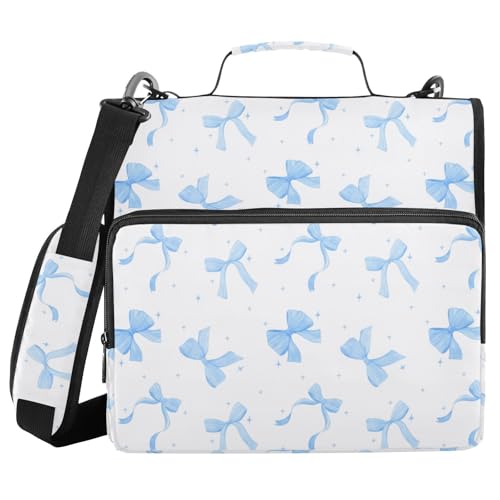 Coquette Blue Bow Watercolor Zipper Binder with Shoulder Strap Bag 3 Ring Binder Organizer Large Capacity Multiple Compartments for School Office - color: Blue Bow Watercolor
