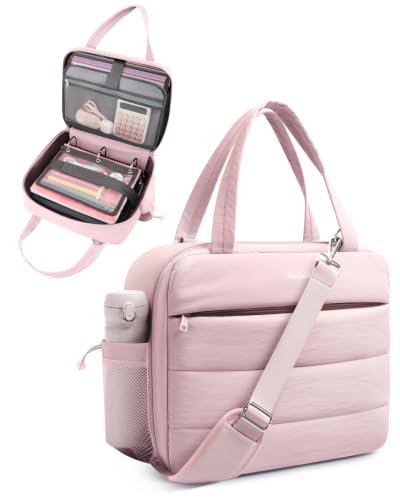 Puffer Zipper Binder 3 Ring with Pencil Pouch, 3" D-Ring Binder with Zipper and Shoulder Strap, 600+ Sheets Capacity Zip Up Binder with 15.6" Laptop Pocket, Binder Bag for School College Office, Pink - color: Pink