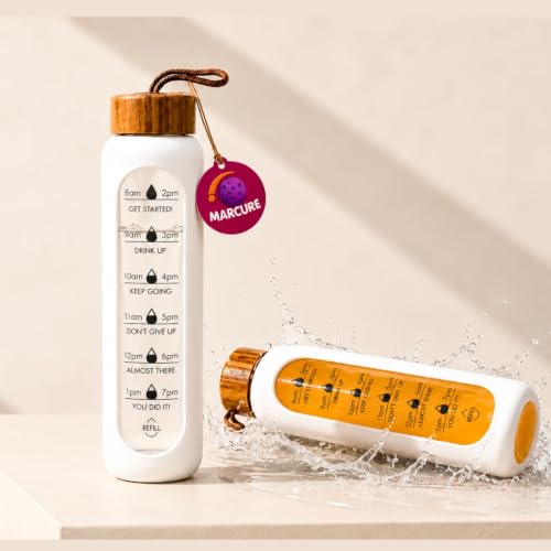 1 Litre Borosilicate Glass Water Bottle, Motivational Hydration Tracker Bottle with Bamboo Lid, Protective Silicone Sleeve | Reusable Bottle, Leak-Proof, BPA-Free, Time Marker, White - color: White