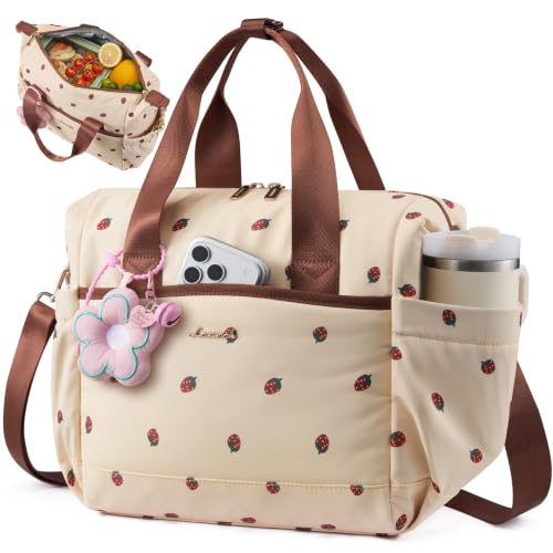 LOVEVOOK Insulated Lunch Bag Women, Adult Lunch Box for Women Work, Large Leakproof Cooler lunch Bags for Picnic Beach Family College, Lunch Teacher Tote Bag with Adjustable Shoulder Strap Cup Holder - color: beige strawberry floral pattern, size: Large —