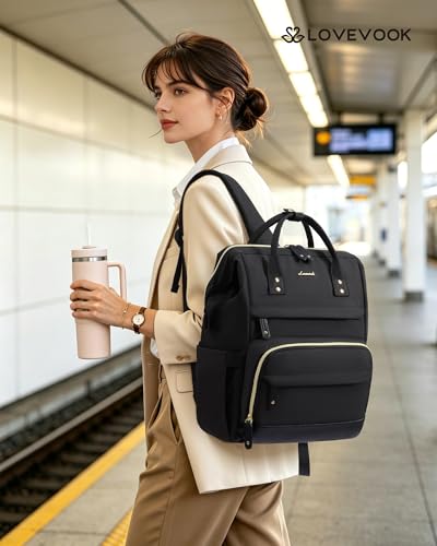 LOVEVOOK Lunch Backpack for Women, 15.6 Inch Laptop Backpack with Insulated Lunch Compartment, Built-in Cooler Work Bag, Wide Open Computer Backpack with Tumbler Holder, Water-Resistant Nurse Teacher - color: Carbon