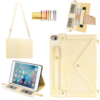 Shiny Case for iPad mini 5/4/3/2/1, Mini 7.9" Handbag Case, Techcircle Iridescent PU Leather Folio Envelope Pocket Stand Cover with Hand Strap+Shoulder Strap+Pencil Holder+Card Slots, Shiny Yellow - color: 03 Shiny Cream Yellow, size: iPad Mini 5/4/3/2/1