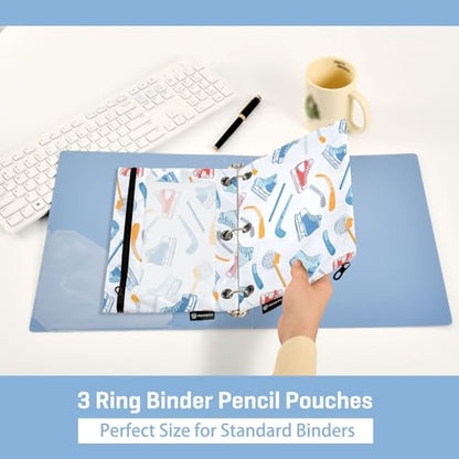 Pencil Pouch 3 Ring Sports Hockey Equipment Zipper Pencil Pouches Case Binder Cosmetic Bag 2 Pack for Office School College Supplies - color: Sports Hockey Equipment