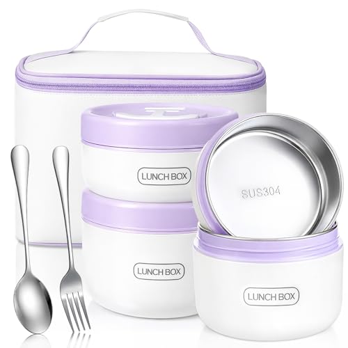 Dandat 4 Pcs Insulated Lunch Container, Portable Bento Box, Stainless Steel Lunch Box, Round Stackable Leakproof Thermal Food Container for Adult Men Women with Insulated Bag, 74 oz(Purple) - color: Purple