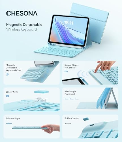 CHESONA Compatible for iPad 11th(A16)/10th Generation Case with Keyboard | Detachable Wireless Keyboard, Stand Folio Keyboard Cover with Pencil Holder, Thin & Light, Black - color: Light Blue
