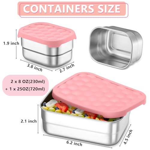 TeamFar Stainless Steel Lunch Box, Food Snack Storage Bento Containers with Silicone Lids for Kids Adults to School Work, Kids Friendly & Dishwasher Safe, Leak-Proof & Easy Open, 25OZ + 8OZ*2 (Pink) - color: Pink