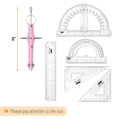 Mr. Pen- Geometry Set, 15 pcs, Pink, 6 Inch Swing Arm Protractor, Divider | Set Squares, Ruler, Compasses and Protractor - color: Pink