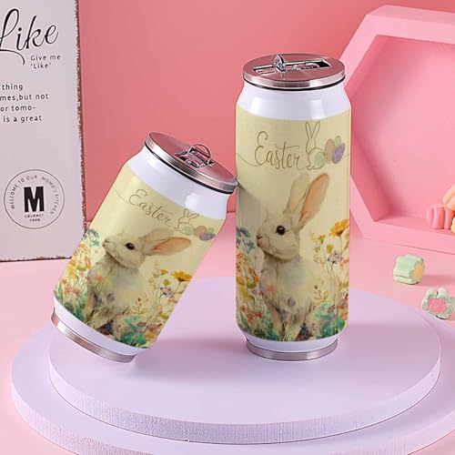 Easter Watercolor Rabbit Spring Flowers Yellow 14oz Stainless Steel Tumbler with Lid & Straw-Double Wall Vacuum Insulated Travel Mug Water Bottle Coffee Beverage Drinks Cup - size: 14 Ounces