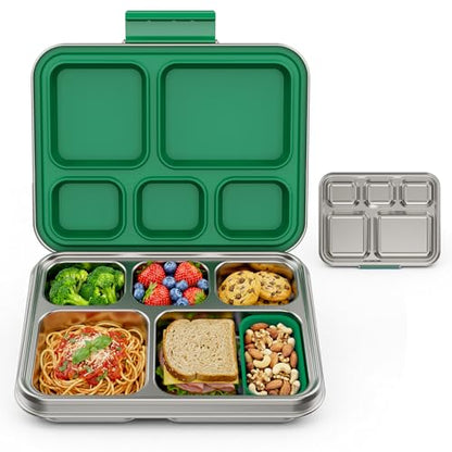 Pawtong Stainless Steel Lunch Box, 5-Compartment Bento Lunch Box for Kids & Adults,Metal Lunch Box with Removable Silicone Container, Lunch Box Containers for School,Office(Green) - color: Green
