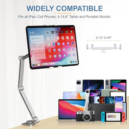 Houele Tablet Stand Holder, Adjustable Foldable Tablet Arm iPad Desk Mount with 360°Rotate Base, Phone Holder iPad Stand for Desk and Bed, Compatible with Tablets, Phones or Other 4-15.6" Device - color: Silver