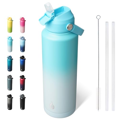 BJPKPK Insulated Water Bottle with Straw Lid, 40oz Large Thermo, BPA Free Leak Proof Stainless Steel Metal Water Bottles, Tumblers, Cups, Flasks for Travel, Sports,Sea Salt - color: Sea Salt, size: 40 Ounces