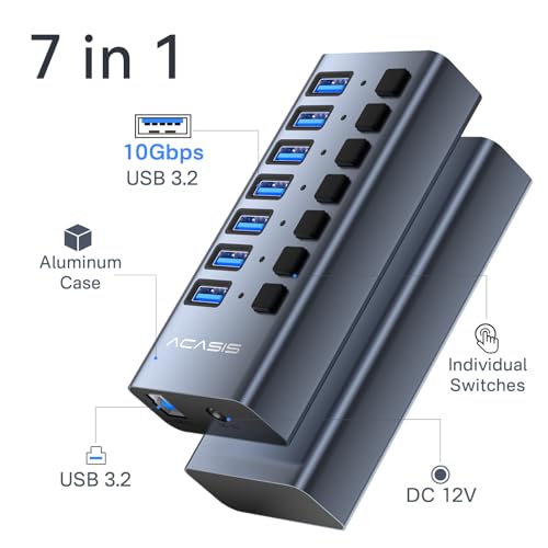 Powered USB 3.2 Hub, ACASIS 7 Ports USB 3.2 Hub with 10Gbps Data Speed, Aluminum Housing, USB Hub Powered with 24W Power Adapter, USB Hub for PC/Laptop, Computer, Flash Drive, Printer, Camera - size: 7 ports