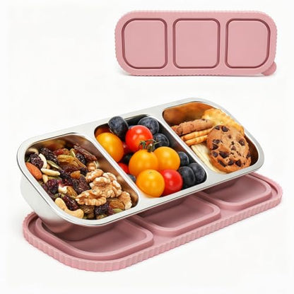 3 Compartment Stainless Steel Snack Containers. | Reusable Snackle Box Container with Leakproof Lids Metal Bento Lunch Boxs Food Storage Containers for Travel Picnics Office - color: 01-PI