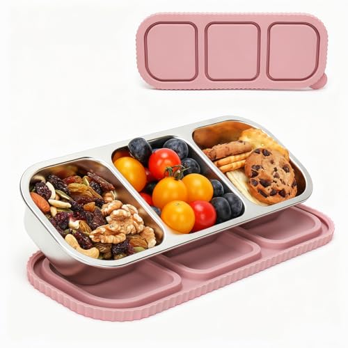 3 Compartment Stainless Steel Snack Containers. | Reusable Snackle Box Container with Leakproof Lids Metal Bento Lunch Boxs Food Storage Containers for Travel Picnics Office - color: 01-PI