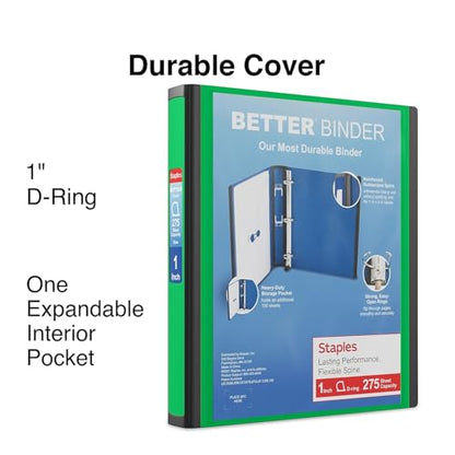 Staples Better View 1-Inch D-Ring Binder, Green – Durable 3-Ring Binder with Clear Overlay for School & Office - color: Green, size: 1-Inch, style: 1 Pack
