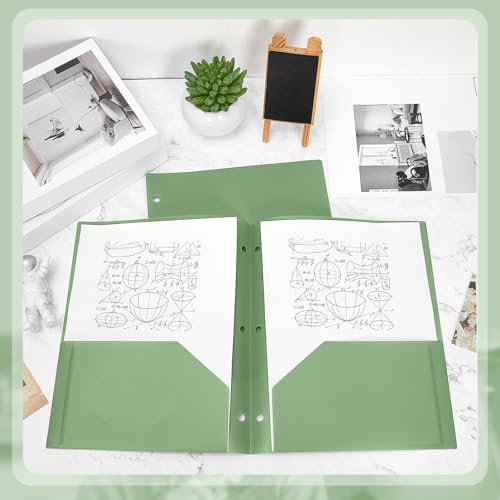 Yeaqee 50 Pcs Plastic Folders with Pockets Bulk 3 Hole Punched 2 Pocket File Folders for 3 Ring Binder Divider Folder for Notebooks, Durable Poly for Office Home (Sage Green) - color: Sage Green