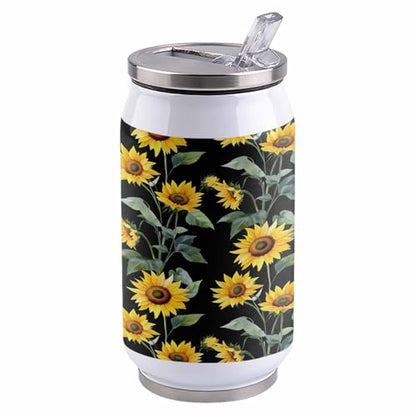 Spring Floral 10oz Stainless Steel Tumbler with Lid & Straw-Double Wall Vacuum Insulated Travel Mug Flowers Yellow Sunflowers Green Leaf Black Back Water Bottle Coffee Beverage Drinks Cup - size: 10 Ounces